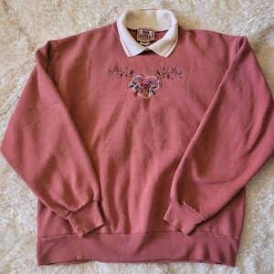 Vintage Cottagecore Floral Embroidery Collared Sweatshirt|Mauve Grandma Core